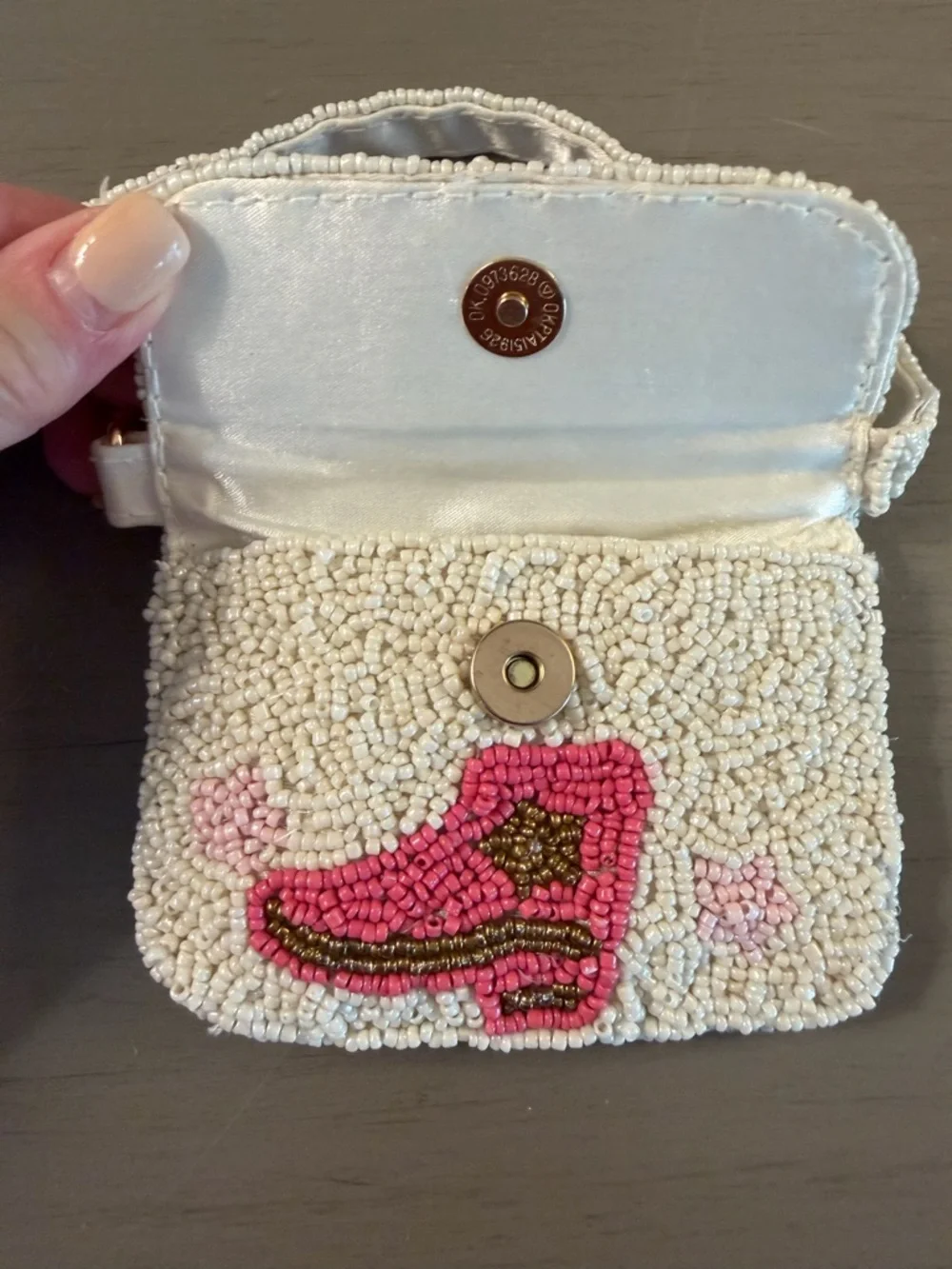 Sincerely Jules Bead Cowboy Boot Mini Pouch Wristlet White Pink Coin Purse Clip